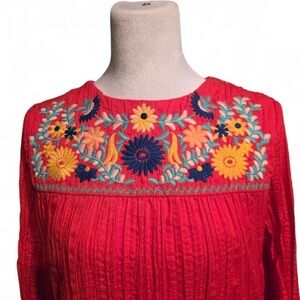 Vibrant Red Top with Floral Embroidery